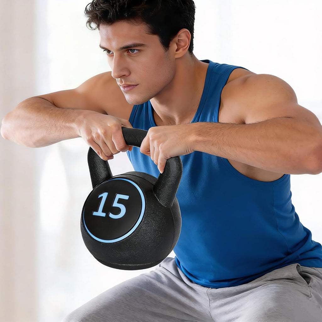 3-Piece Kettlebell Set, 5lb 10lb 15lb Cast Iron Kettlebells with Storage Rack, Anti-Slip Grip, Flat Bottom for Home