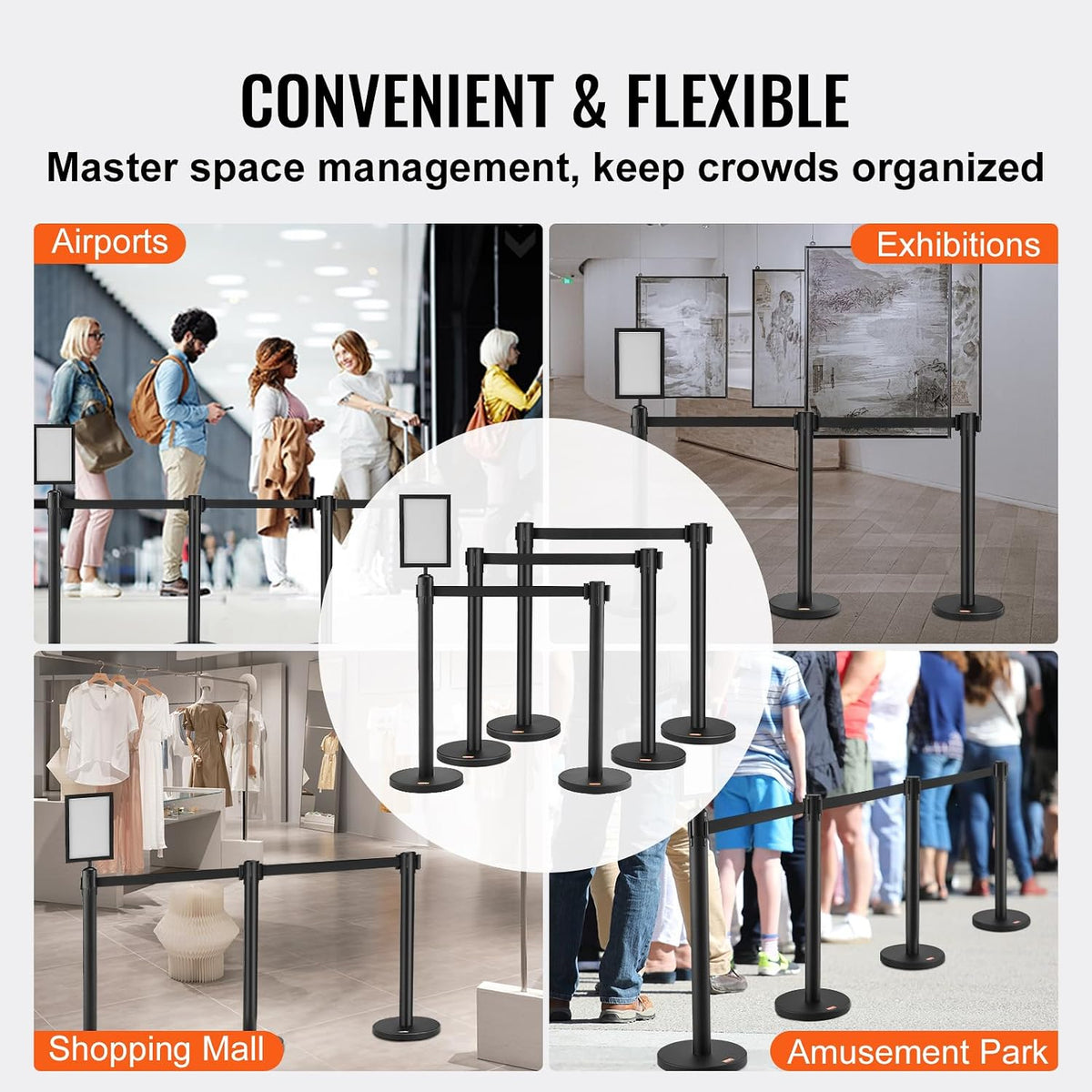 Crowd Control Stanchions, 6-Pack Crowd Control Barriers, Carbon Steel Baking Painted Stanchion Queue Post with Sign