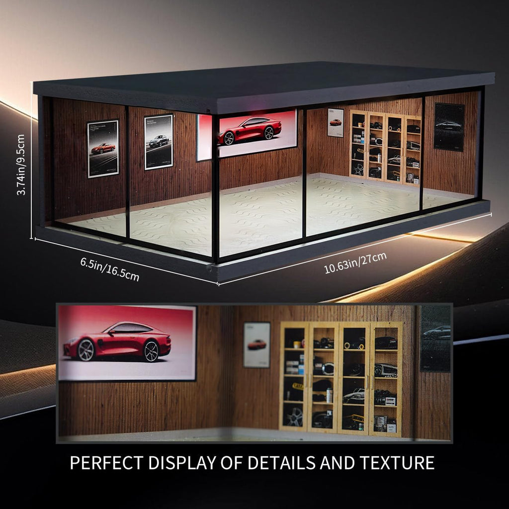 1:64 Scale LED Display Case for Diecast Cars, Vintage Wood Grain Pattern | LED Lighting, Fully Enclosed Dust-Reducing
