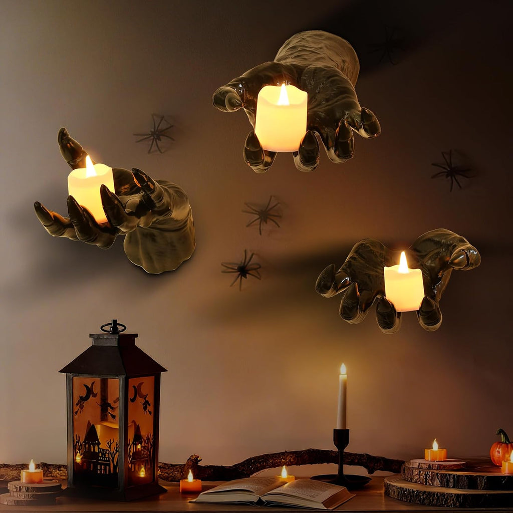 Halloween Decorations Indoor Gothic Decor: Pack of 3 Wall Mounted Hands | Creepy Reaching Hands with Lighted Candles