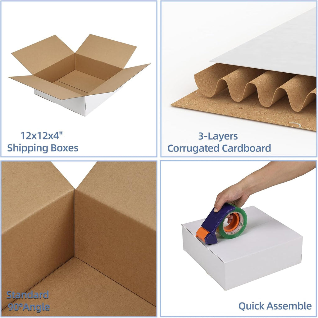 12x12x4 Large Thin White Shipping Boxes Set of 25
