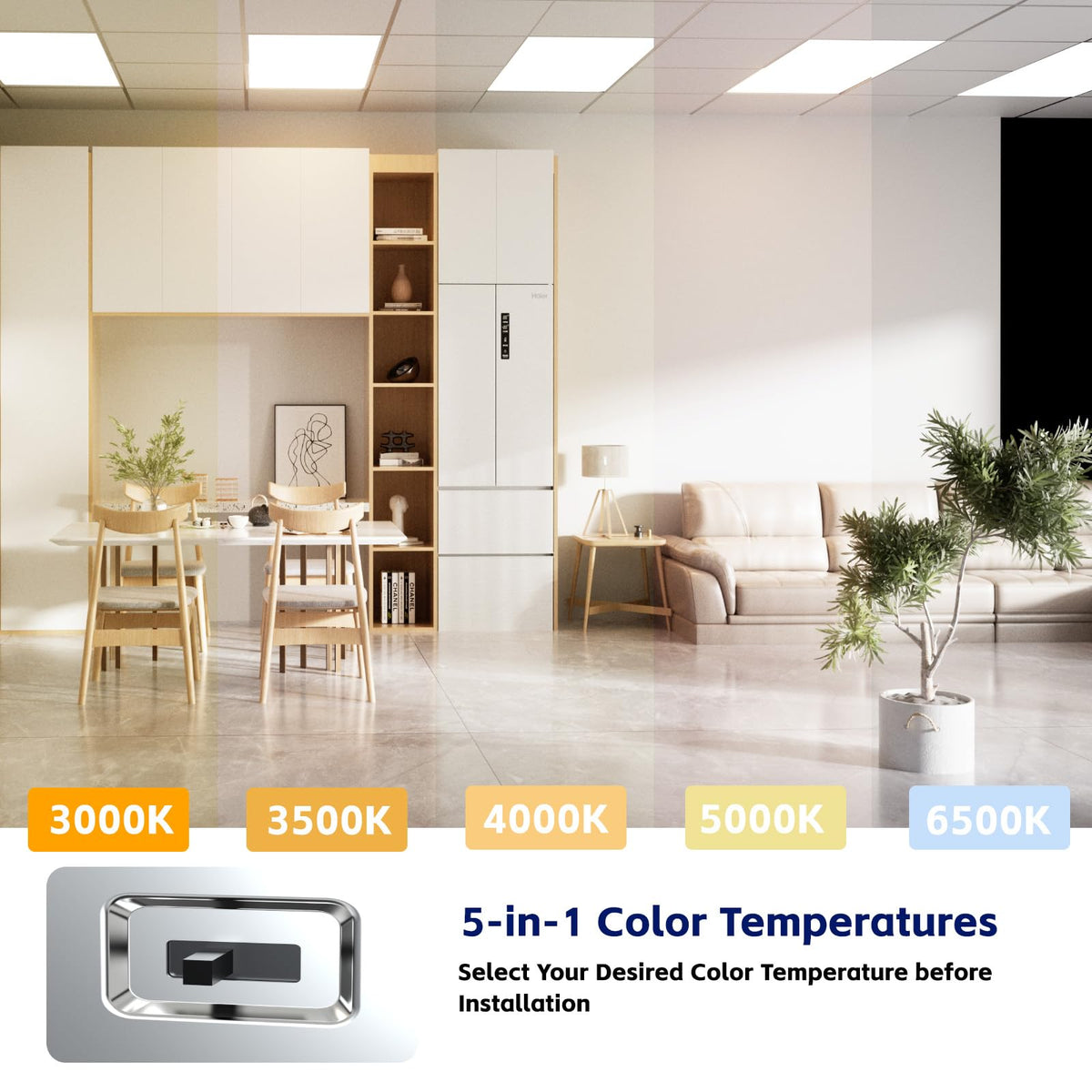 2x4 LED Flat Panel Light LED Drop Ceiling Light Fixture, 5 CCT 5000K Adjustable & 5 Wattage Selectable Recessed