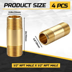 4 Pcs Brass Long Nipple, 1/2" NPT Male x 1/2" NPT Male, 2" Length