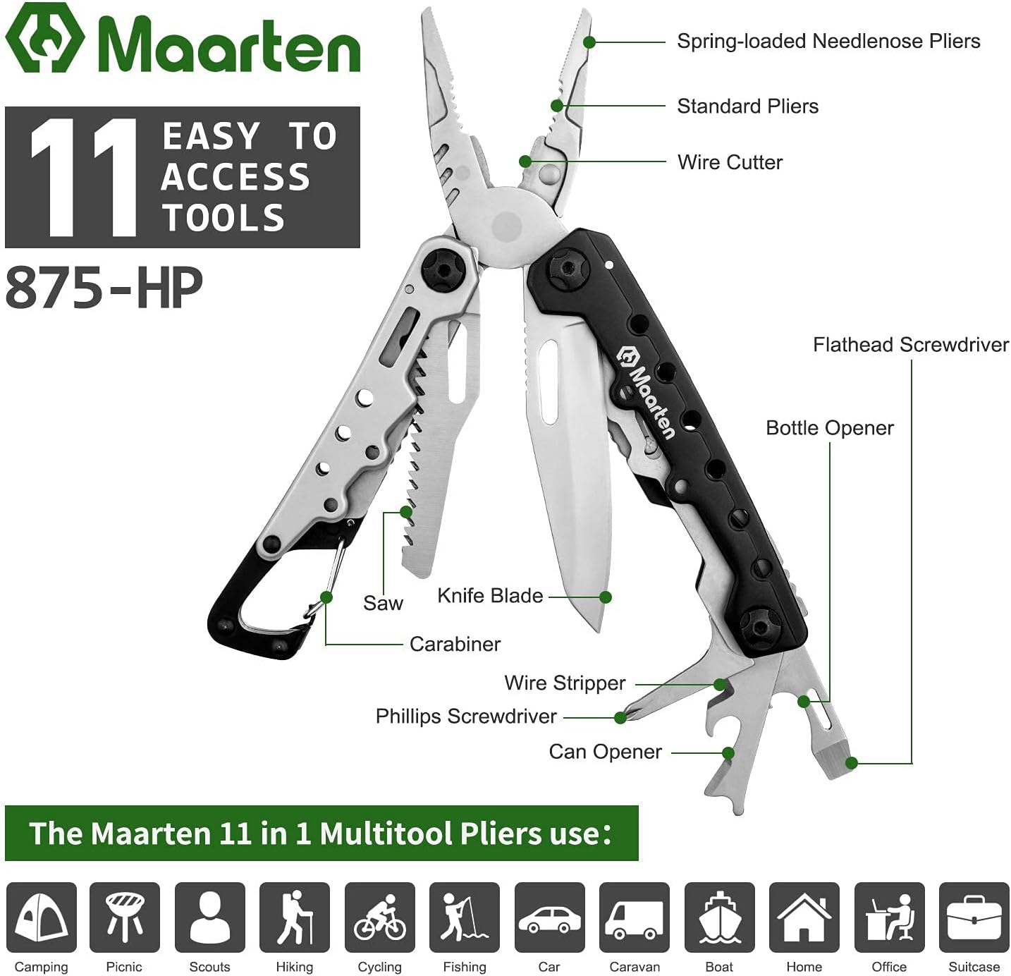 Lightweight Multitool Pliers, 11 in 1 Suspension Multi-Plier with Carabiner, Stainless Steel Portable Pocket Keychain