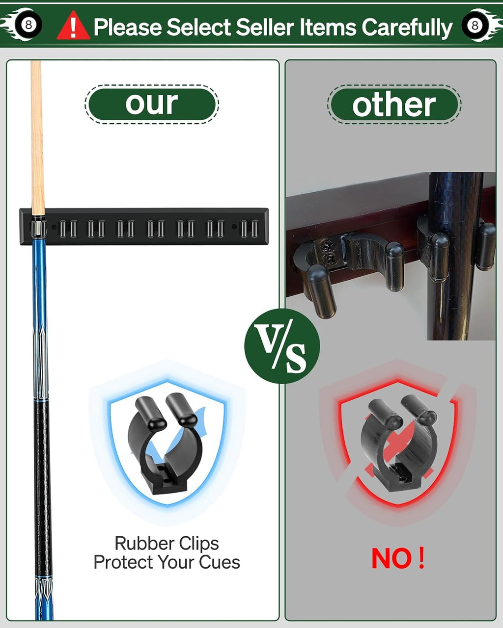 Wall Mount Pool Stick Holder - Billiards Pool Cue Rack, 8-Cue Black | Hardwood Pool Cue Set Holder for Sticks