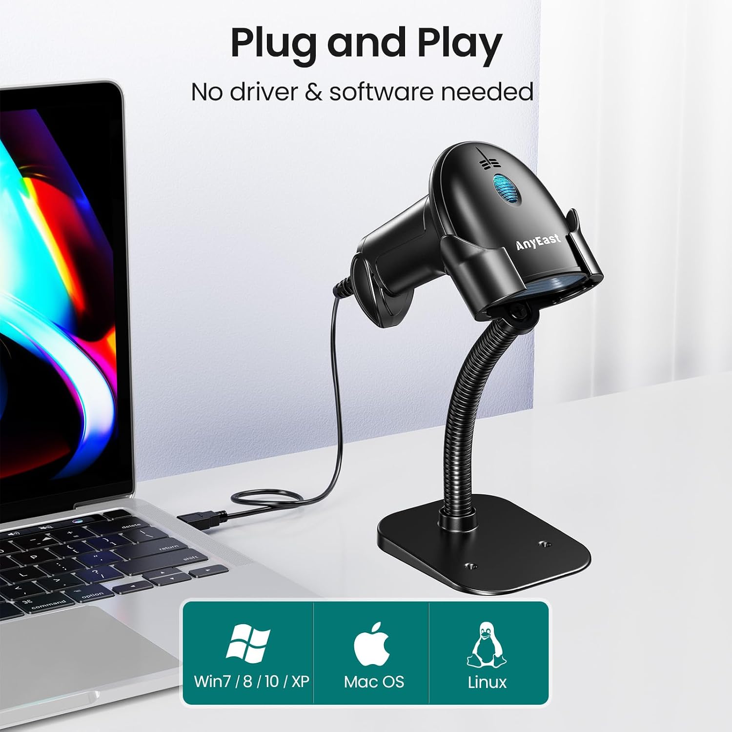 Barcode Scanner with Stand, USB Wired Inventory 2D 1D Code Scanner | Screen Scanning, Hands-free Adjustable Stand