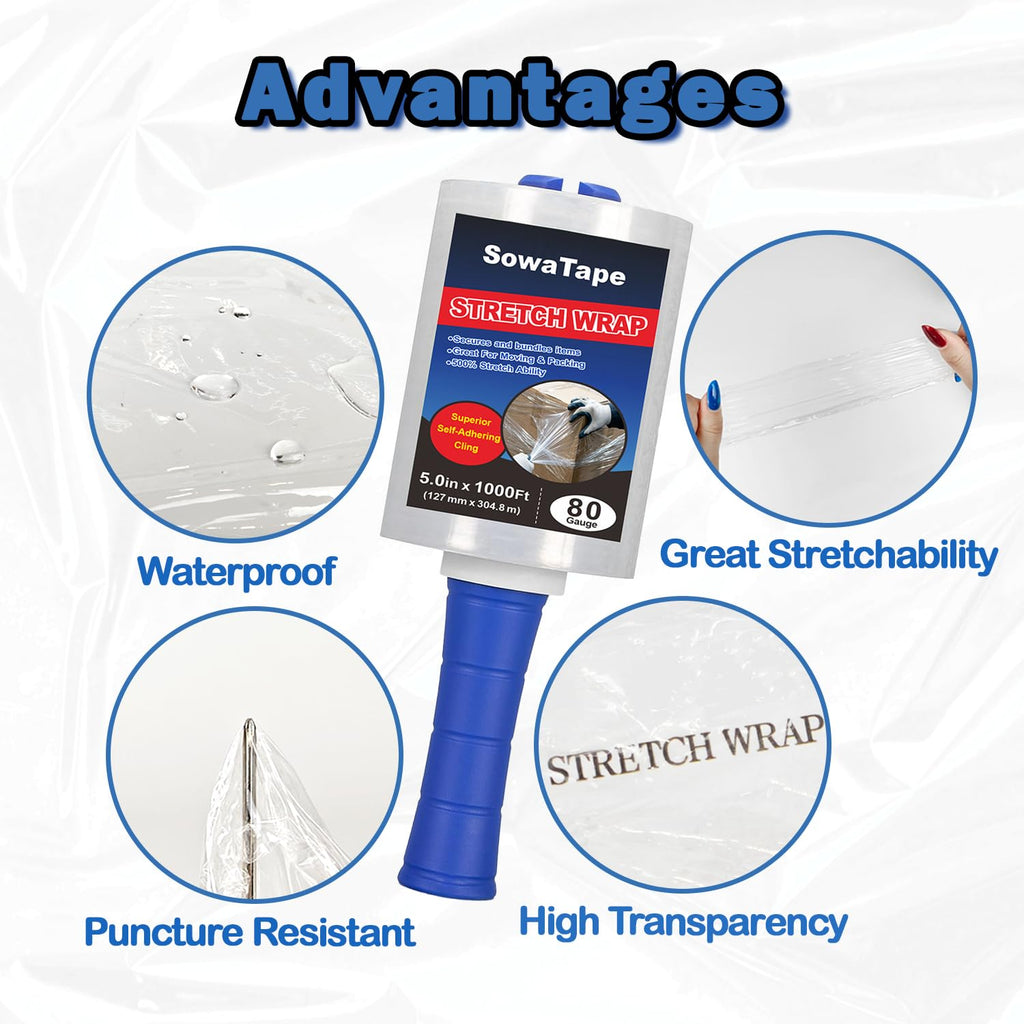4 Pack Clear Stretch Wrap Film with 2 Plastic Handle 5''x1000Ft