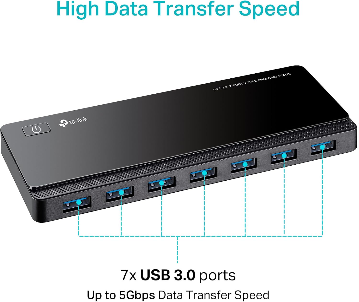 Powered USB Hub 3.0 with 7 USB 3.0 Data Ports and 2 Smart Charging USB Ports. Compatible with Windows, Mac, Chrome &