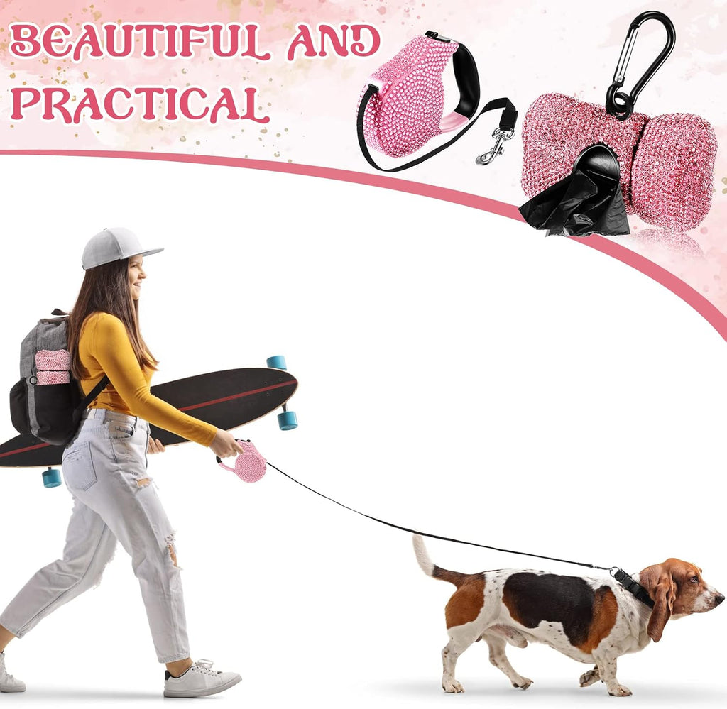 2 Pack Rhinestone Retractable Dog Leash and Bag Holder Set Pink Bling Bone Shaped Pet Waste Bags Dispenser with Metal