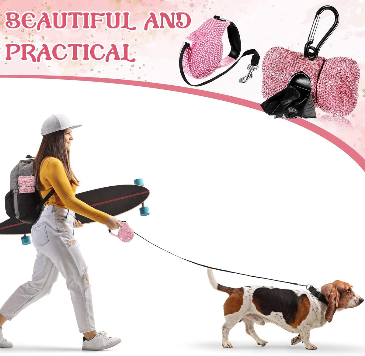 2 Pack Rhinestone Retractable Dog Leash and Bag Holder Set Pink Bling Bone Shaped Pet Waste Bags Dispenser with Metal