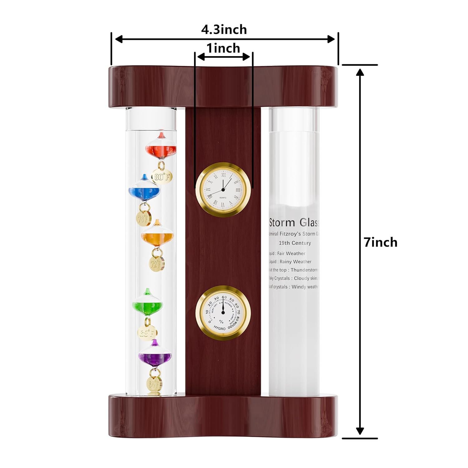 Analog Weather Station with Glass Galileo Thermometer Fitzroy Storm | Precision Quartz Clock and Analog Hygrometer