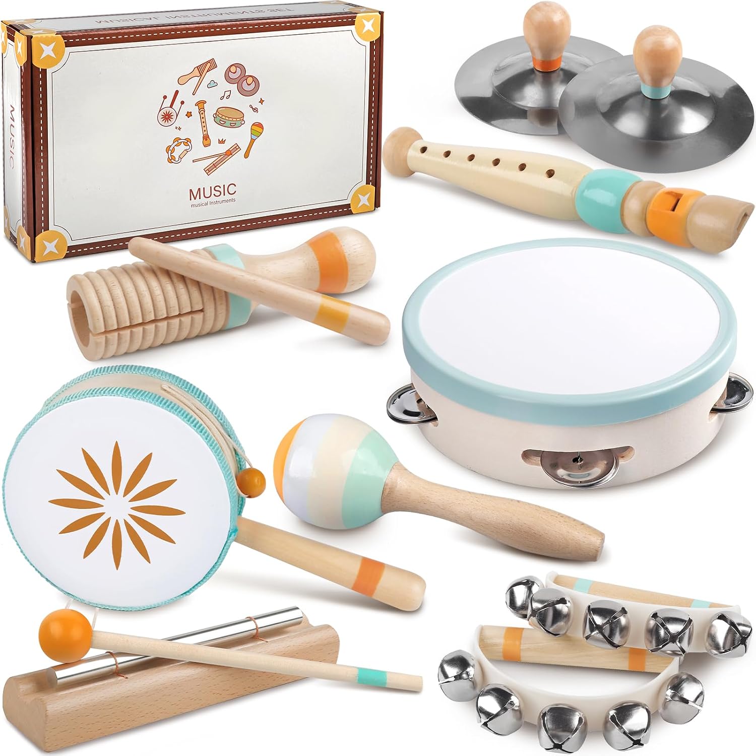 Baby Musical Instruments - Montessori Wooden Musical Toys for Toddlers Kids | 10pcs Tambourine Percussion Instruments