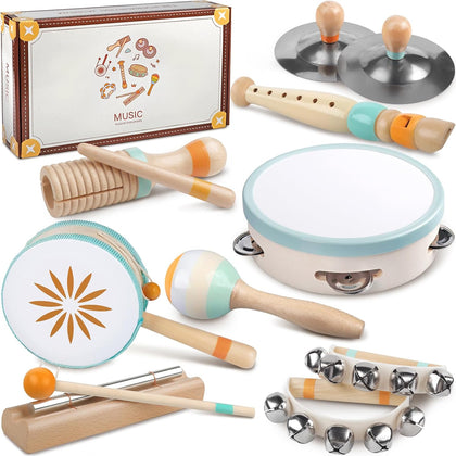 Baby Musical Instruments - Montessori Wooden Musical Toys for Toddlers Kids | 10pcs Tambourine Percussion Instruments