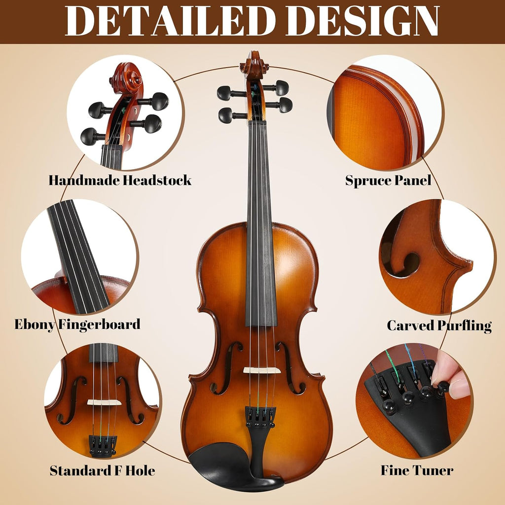 Violin 4/4 Full Size Starter Kit for Students Beginners Adults, Quality Ebony Acoustic Fiddle Set with Hard Case