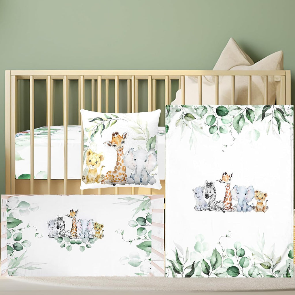 Baby Safari Animals Crib Bedding Set 3 Pcs Crib Set Baby Blanket, Fitted Sheet, Pillowcase Soft Flannel Nursery