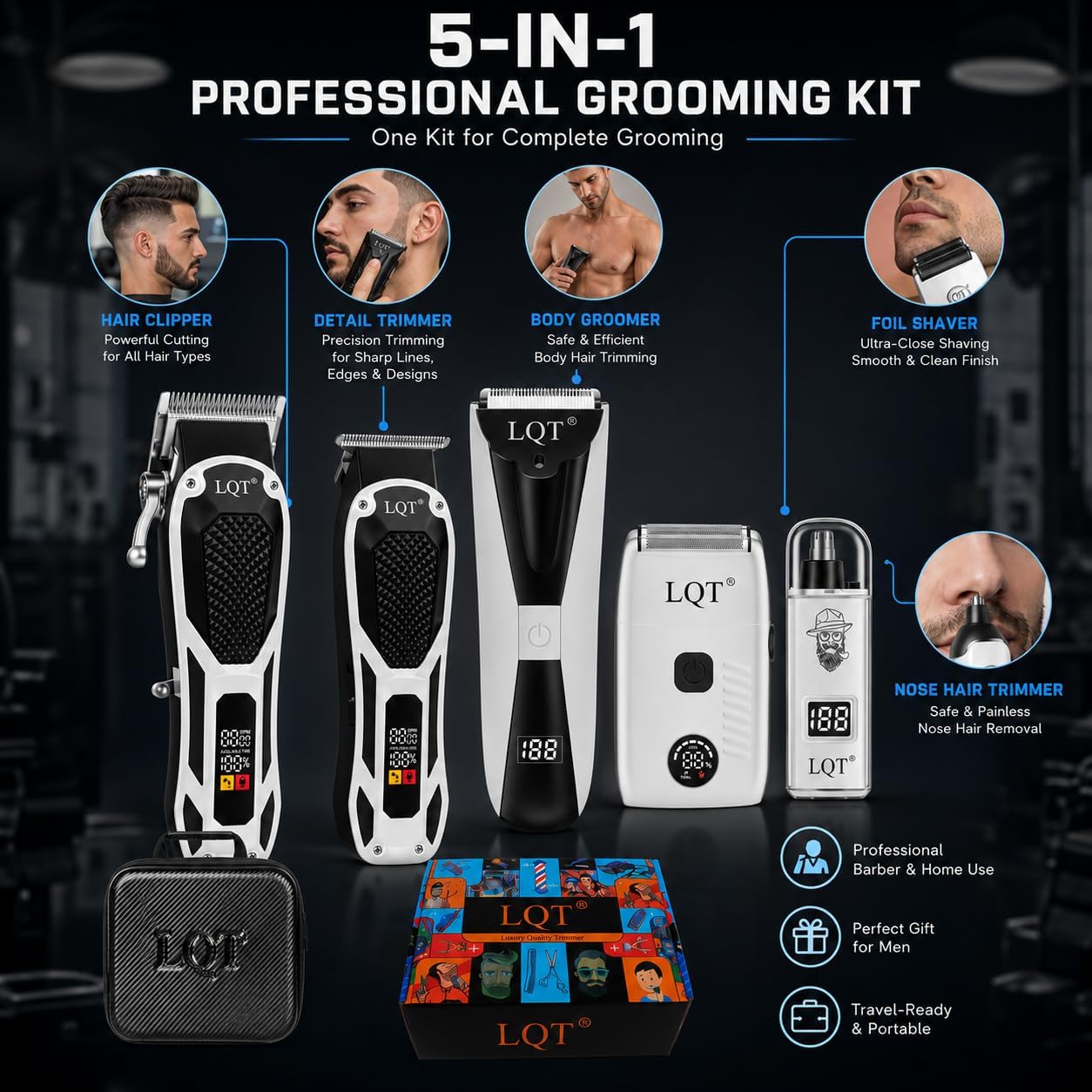 5-in-1 Hair Clippers for Men & Body Groomers White LED Display Cordless Clippers Set Beard Trimmer for Men Foil