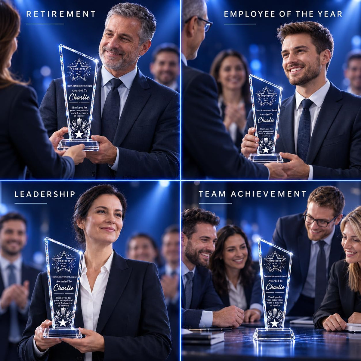Customizable Crystal Award Trophy with Company Logo Text & Employee Name