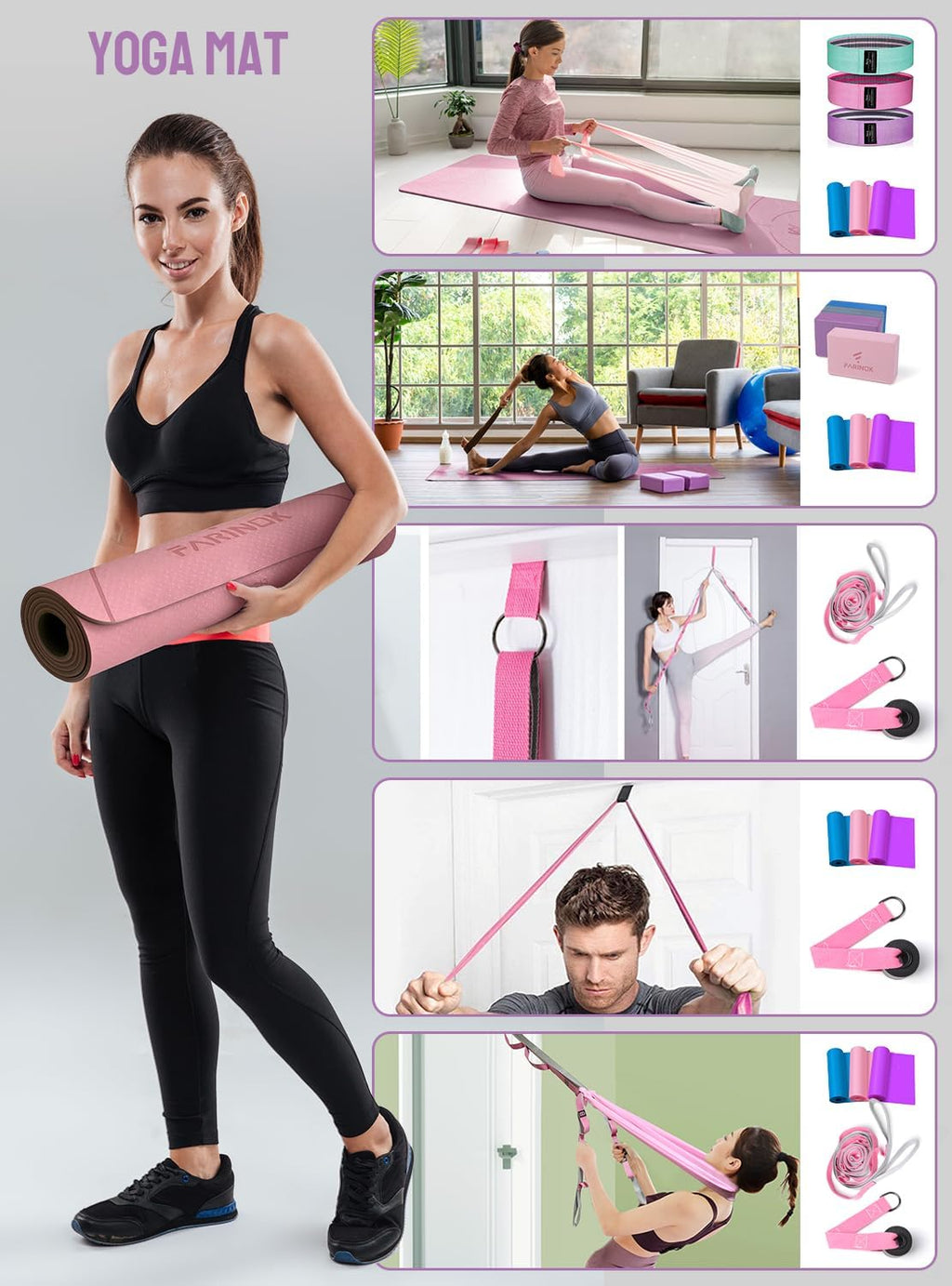 1/3 Yoga Mat Thick, Yoga Set for Beginners Include High Density Mat with Multi-loops Strap, Blocks, Booty Resistance