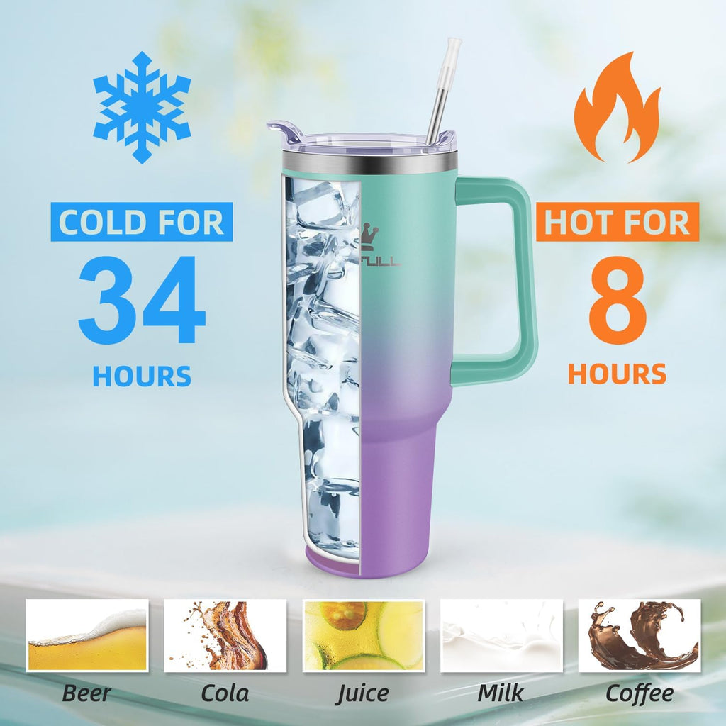 40 oz Tumbler with Handle and Straw Lid, 100% Leak-proof, GreenPurple | Stainless Steel Insulated Travel Coffee Cup