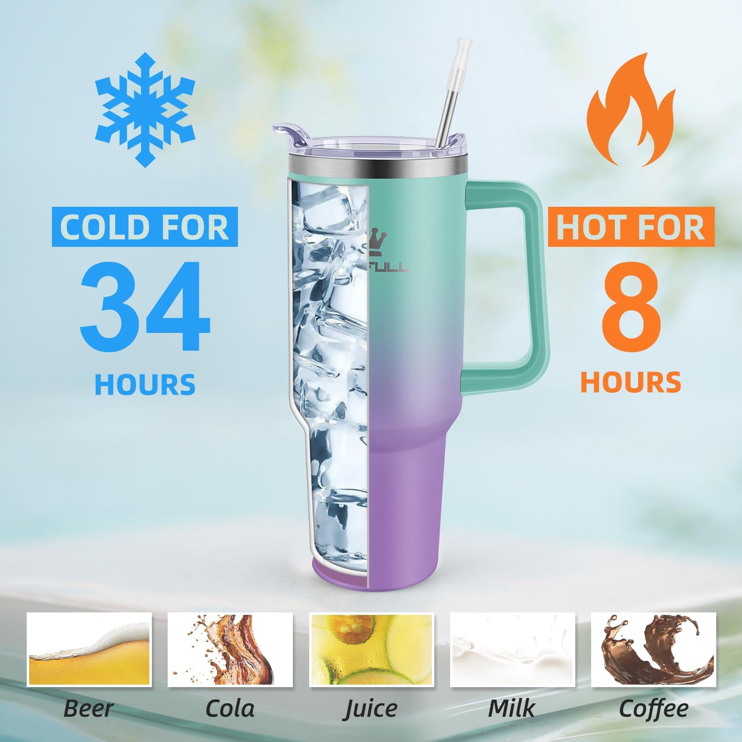40 oz Tumbler with Handle and Straw Lid, 100% Leak-proof, GreenPurple | Stainless Steel Insulated Travel Coffee Cup