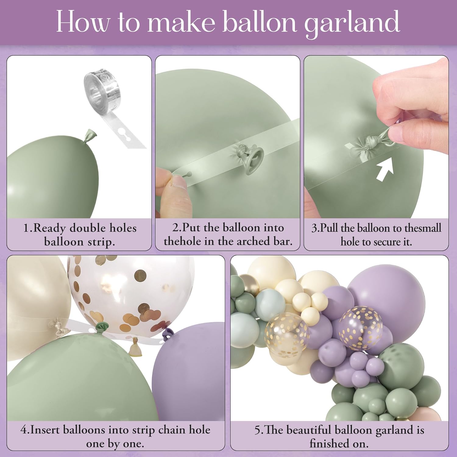 173Pcs Dusty Green Purple Pink Balloon Arch Garland Kit, Lavender Pastel Blush Pink Yellow Mist Green Gold Confetti