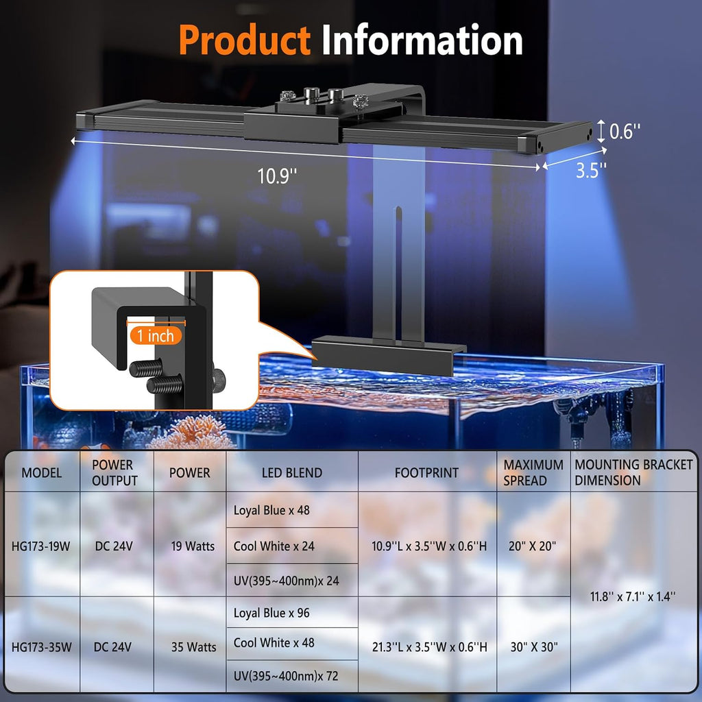 LED Saltwater Aquarium Light, 24/7 Mode Nano Tank Reef Light for Coral, Refugium Light with White, Blue, U-V LEDs