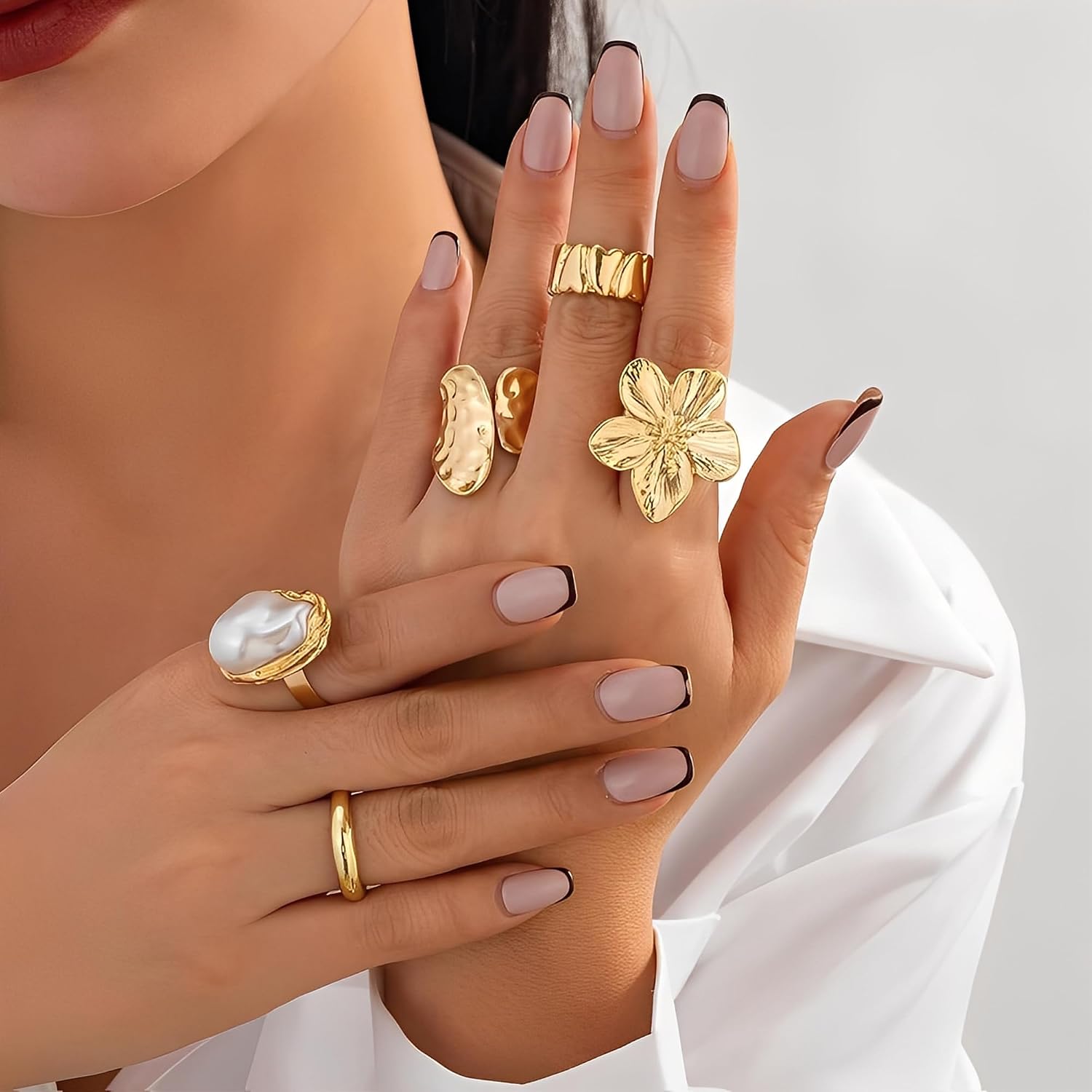 12 PCS Chunky Gold Rings for Women Non Tarnish Statement Flower Ring, 14K Gold Plated Stackable Open Stacking Rings