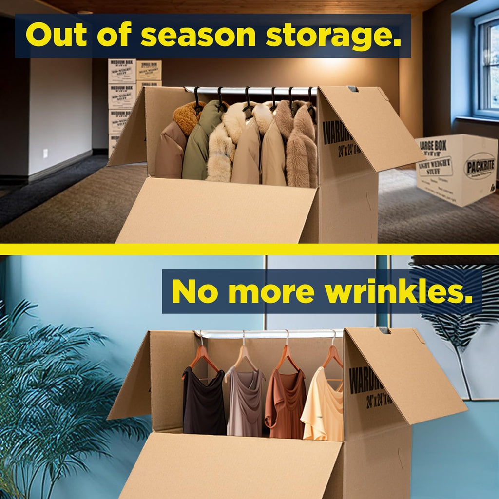 Large Wardrobe Moving Boxes with Bar for Hanging Clothes Moving Box with Hanger, 24 x 24 x 40, Moving Essentials, Set