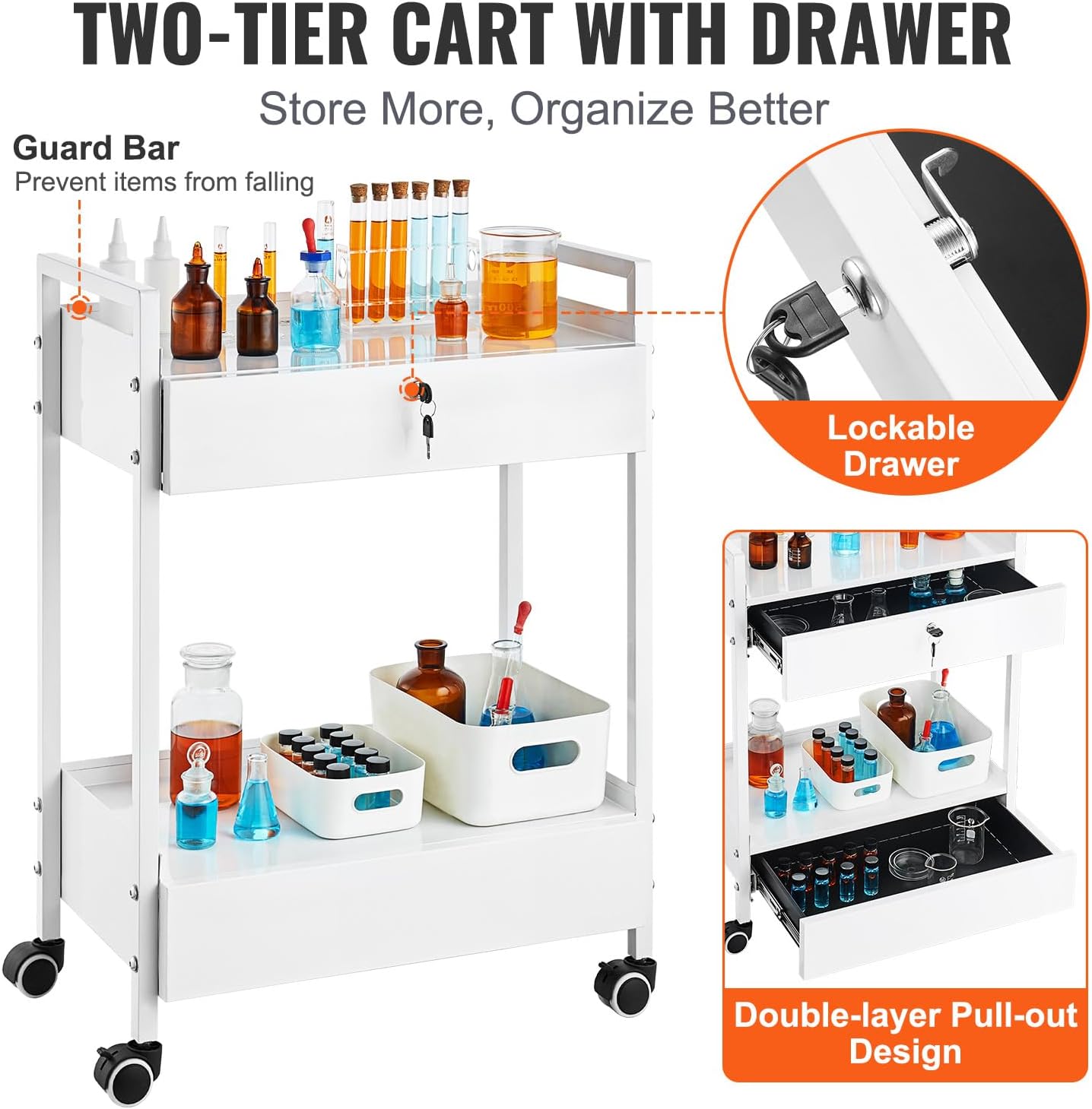 Rolling Medical Cart with Lockable Drawer, White Paint Stainless Steel Utility Cart, 2 Tiers Mobile Esthetician