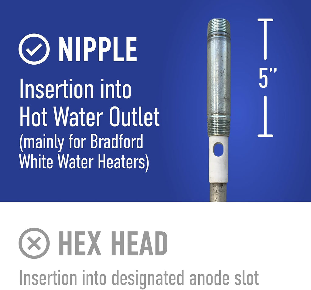 Water Connection, Anode Rod for Bradford White Water Heaters, Aluminum Zinc Anode Rod, Get Rid of Rotten Egg Smell in Hot Water, Outlet Head 3/4" NPT x 5" Nipple x 48" Long