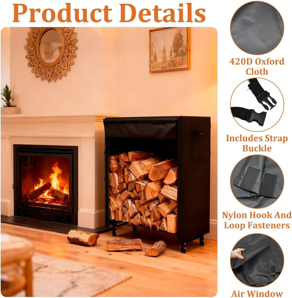 4FT Firewood Cover, Heavy Duty 420D Logs Store Rack Cover Waterproof Large Capacity, Outdoor and Indoor Wood Holder
