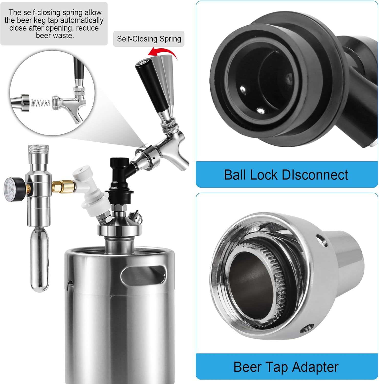 Ball Lock Keg Tap and 0-60PSI Mini Co2 Regulator Set | Stainless Steel Self-Closing Ball Lock Beer Faucet, Mini Beer