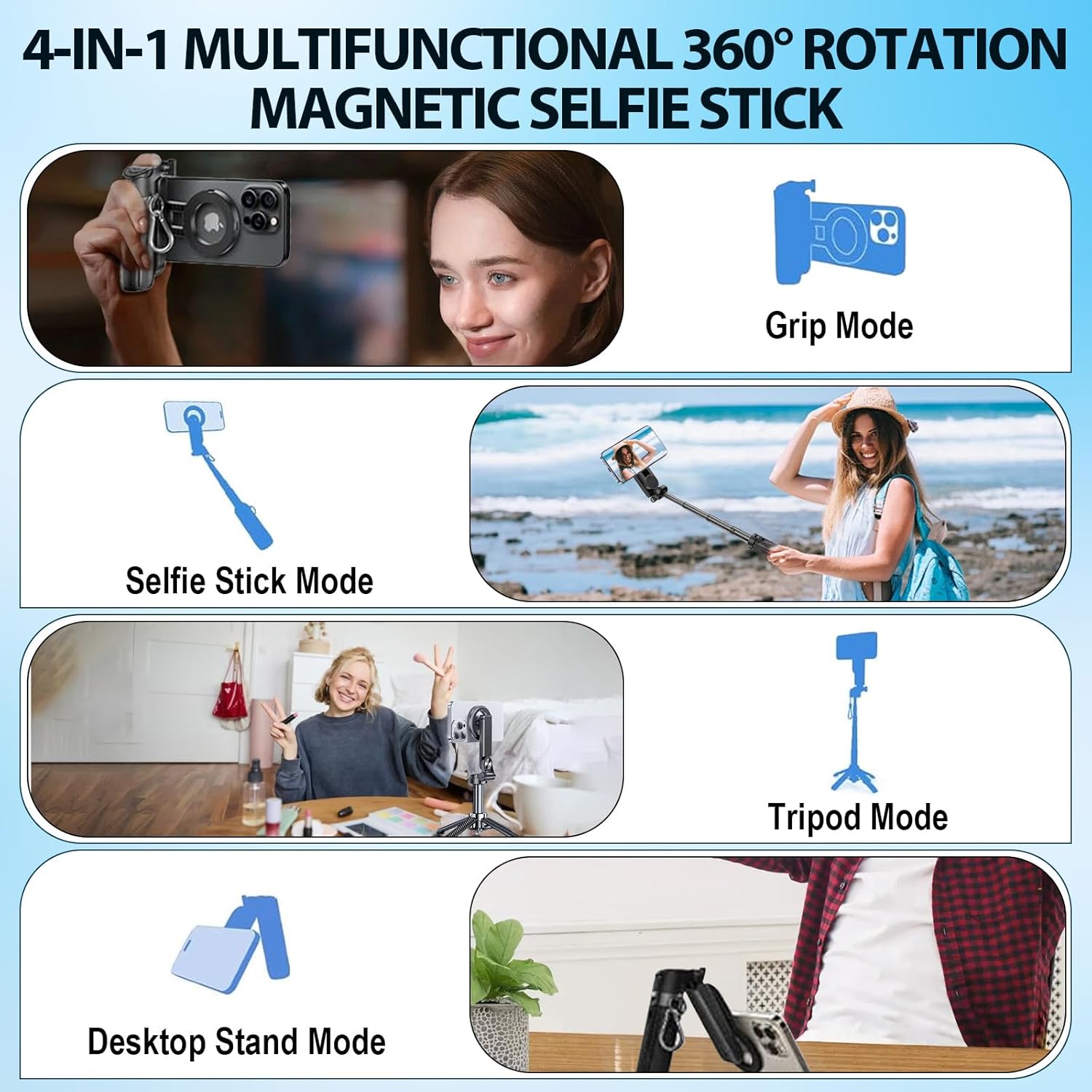 4-in-1 Multifunctional Magnetic Selfie Stick,Universal 360° Rotation Phone Tripod with Wireless Remote,Portable