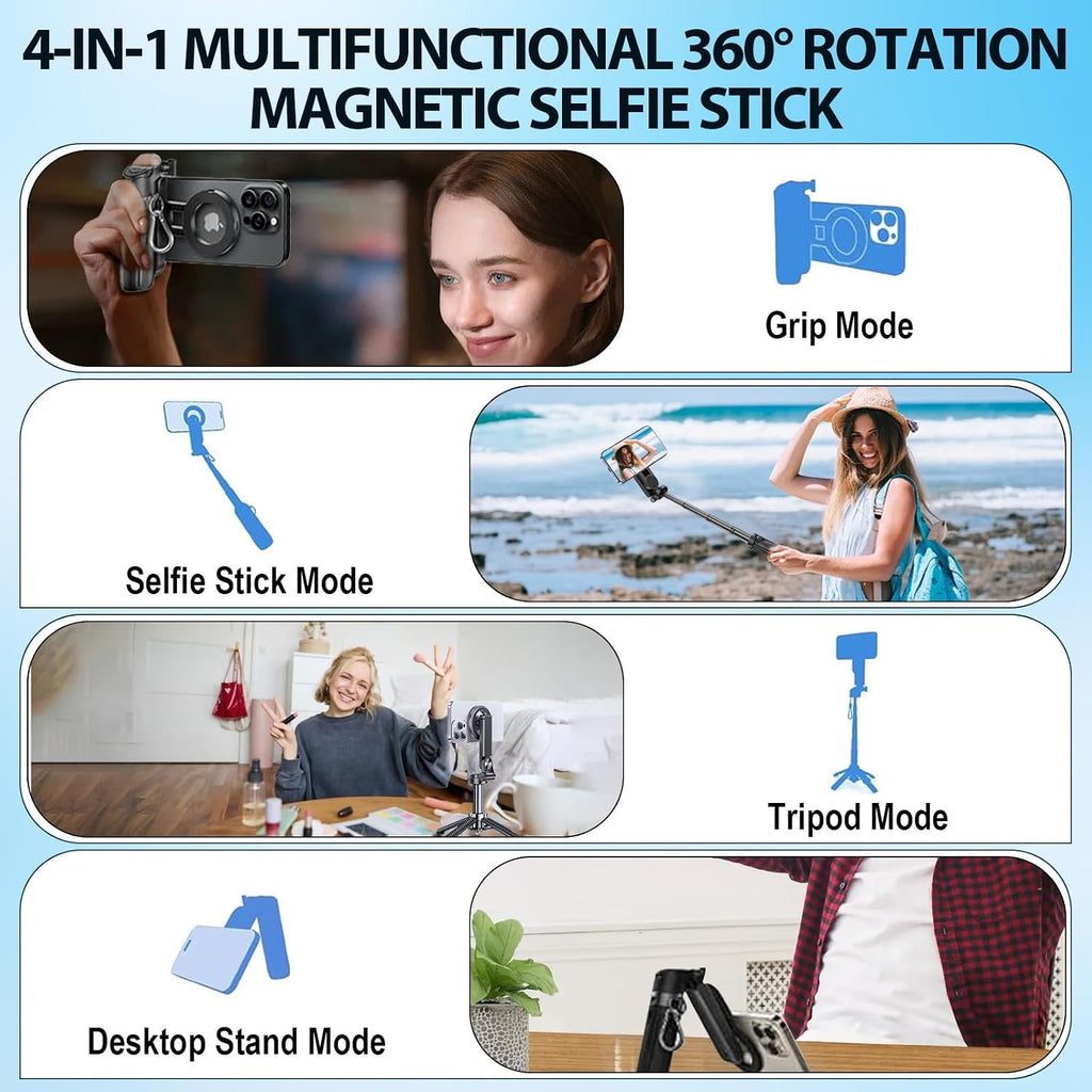 4-in-1 Multifunctional 360° Rotation Magnetic Selfie Stick,Universal Magnetic Phone Tripod with Detachable Remote