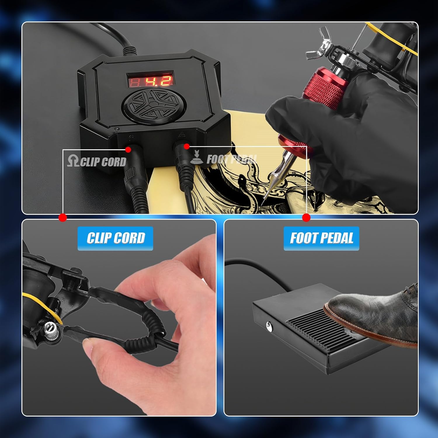 Tattoo Power Supply, Digital Display Mini Battery Power Supply for RCA Rotary Tattoo Machine, with RCA Foot Pedal