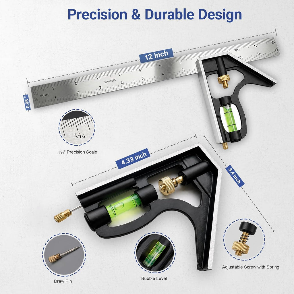 12 Inch Combination Square, Adjustable Carpenter Square with Stainless Steel Ruler and Aluminum Head, Metric and Inch