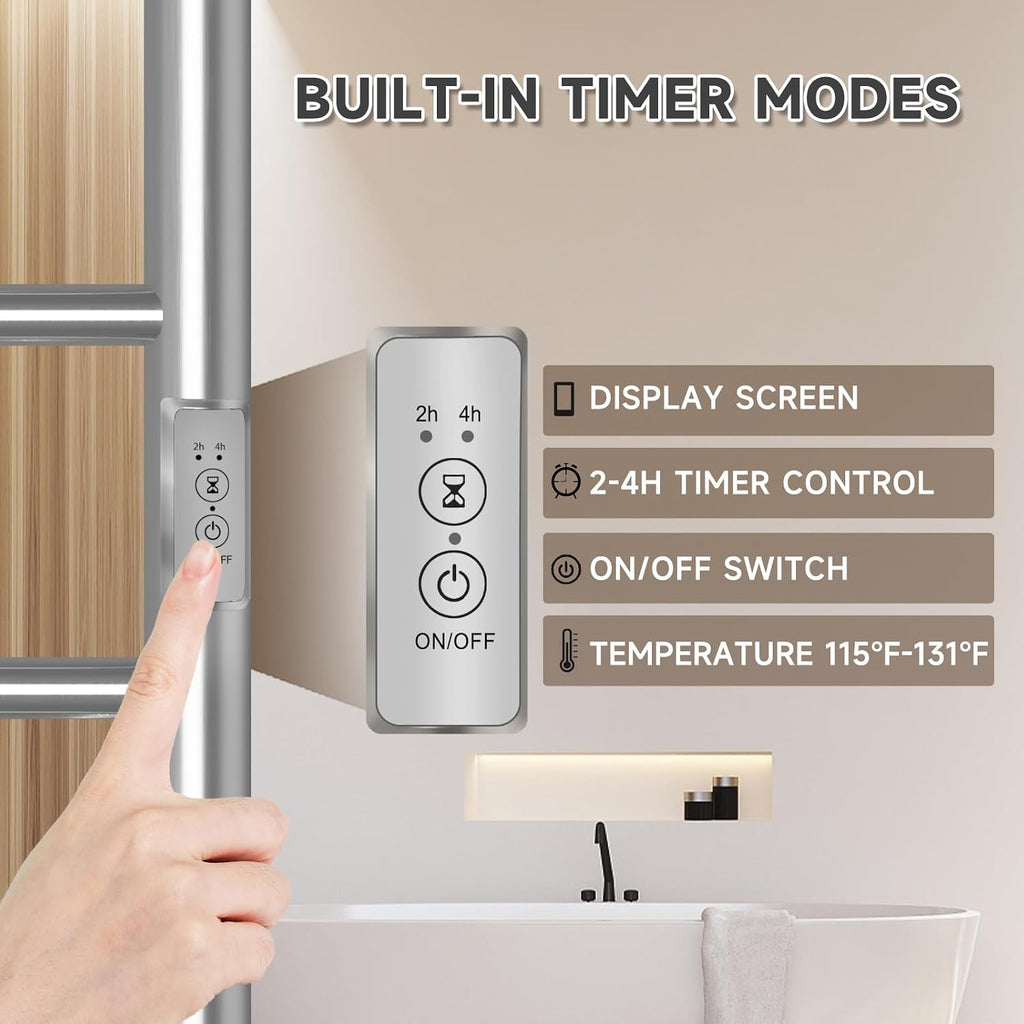 6 Bar Towel Warmer for Bathroom, Wall Mounted Heated Towel Rack, Nickel | Built-in 2/4H Timer, IPX4 Waterproof