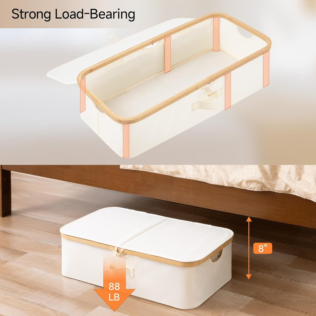 Underbed Storage Containers with Lids, 2-Pack 7" Low Profile Under Bed Storage Box with Bamboo Frame for Clothes