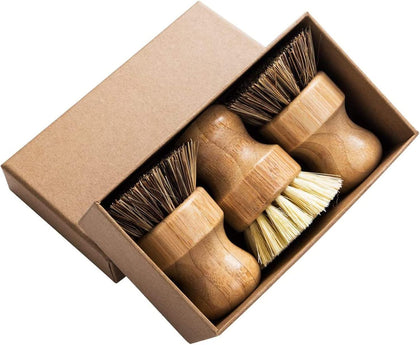 Palm Pot Brush- Bamboo Round 3 Packs Mini Dish Brush Natural Scrub Brush Durable Scrubber Cleaning Kit with Union