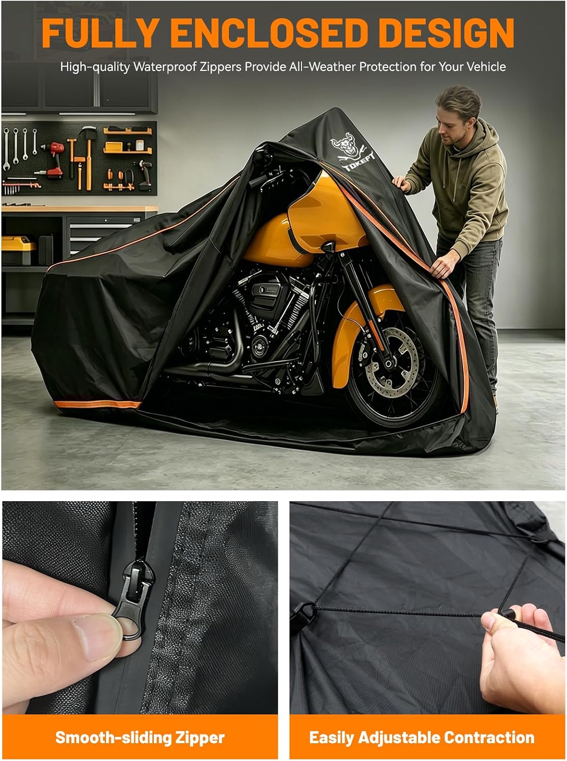 Full Enclosed Motorcycle Cover, 600D Heavy Duty Waterproof Motorcycle Cover with Reflective Strips & Vents, Fits Fits