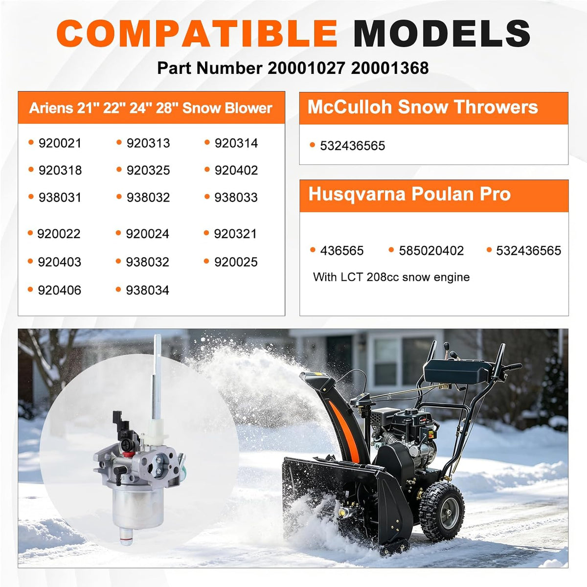 Huayi 20001368 Carburetor for Ariens 208cc 920402 Snow Blower