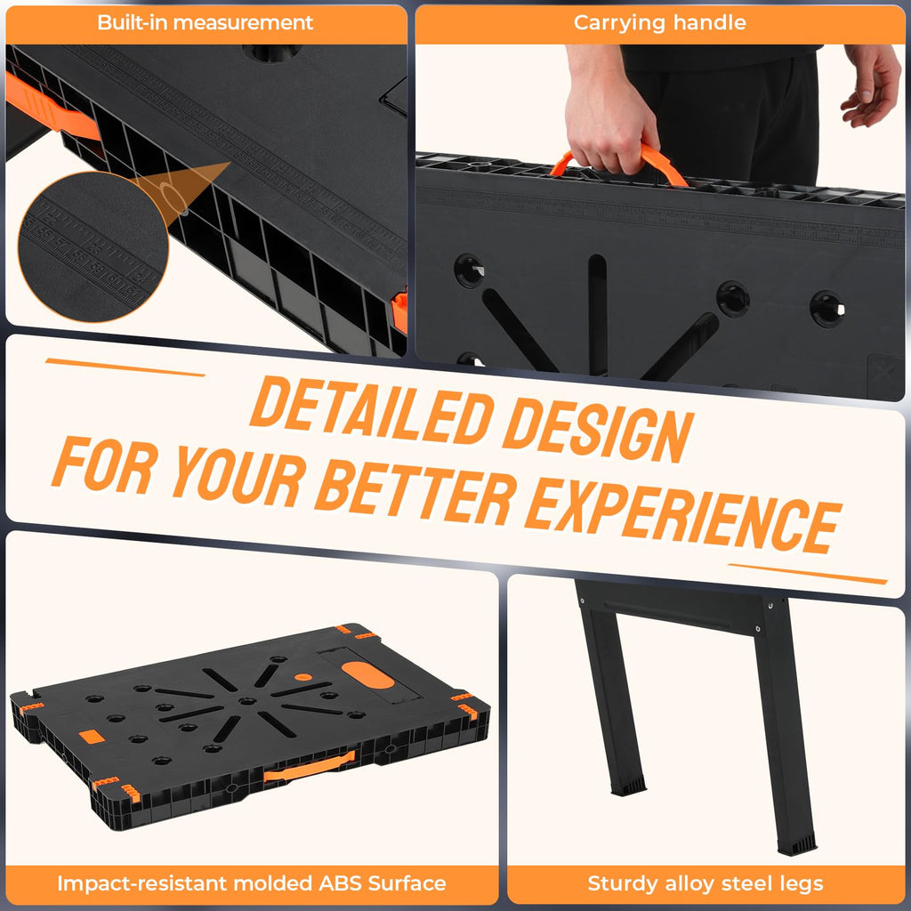 Folding Workbench, Portable Workbench, 34 x 22 in, with 2 Clamps