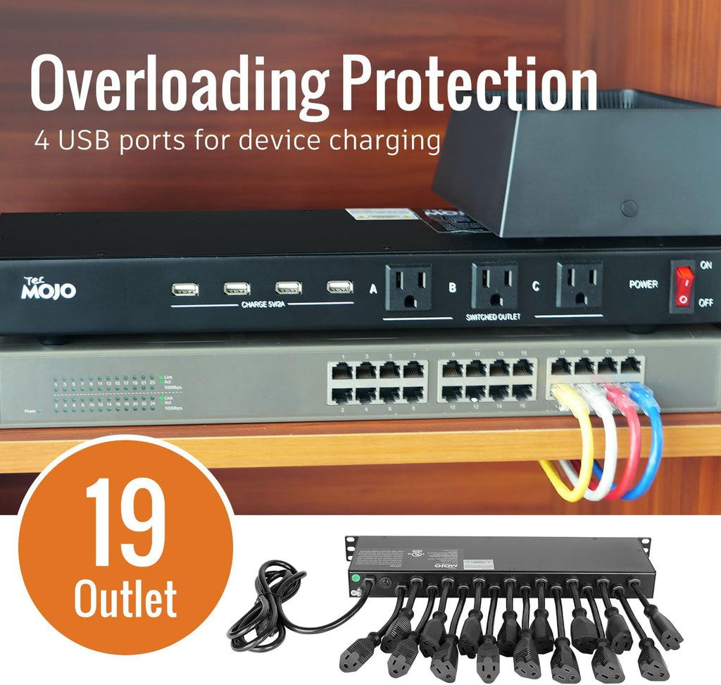 1U Rack Mount 19 Outlet PDU Power Distribution Unit Circuit Breaker fits 19-inch AV/Network/Server