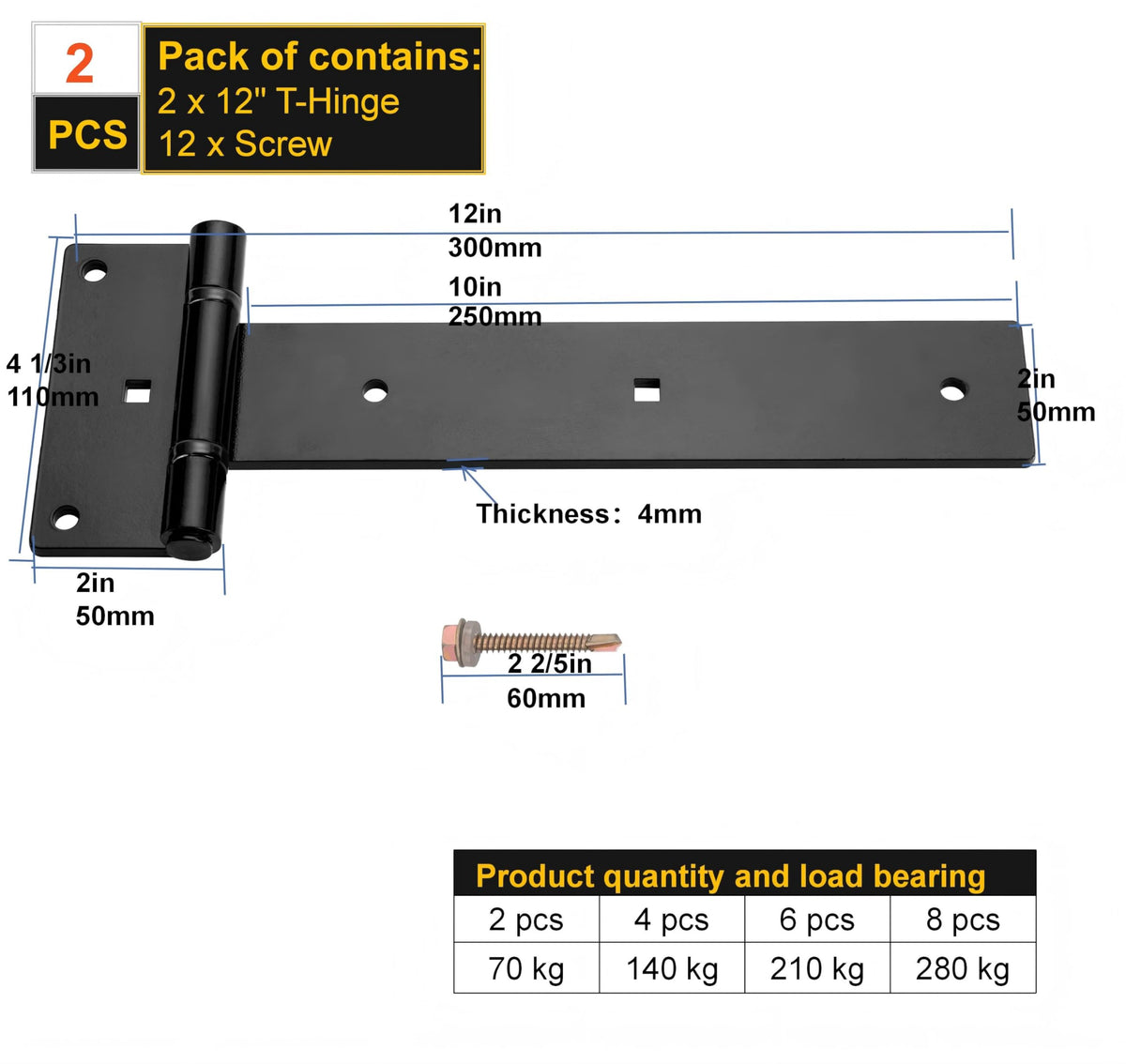 12 Inch Heavy Duty T Strap Hinges,Thickened Solid Steel