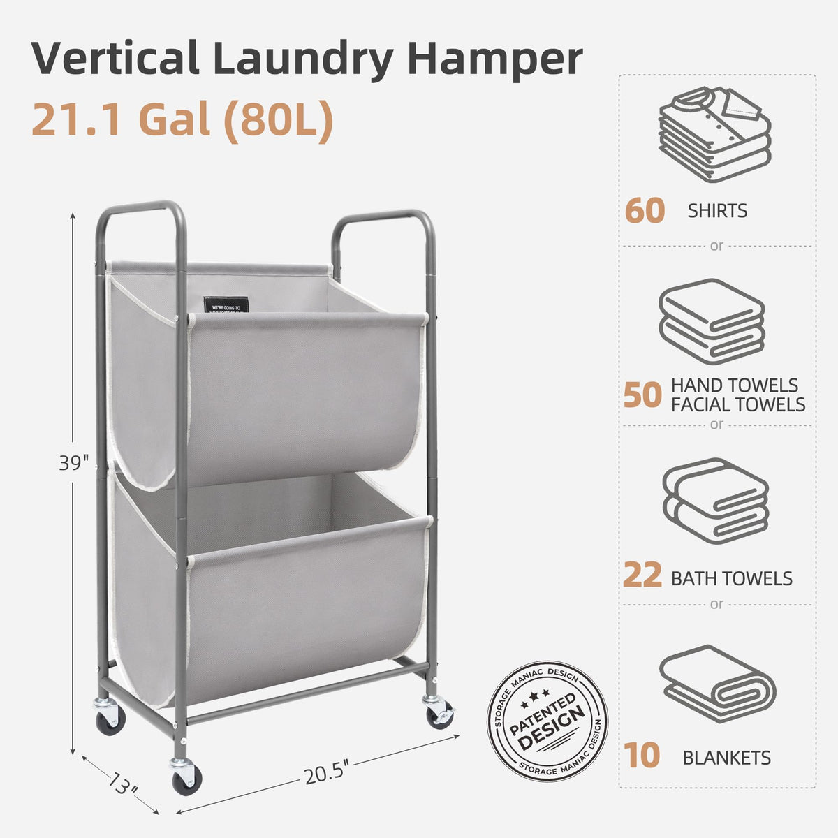 Vertical Rolling Laundry Hamper, 2 Section Laundry Sorter