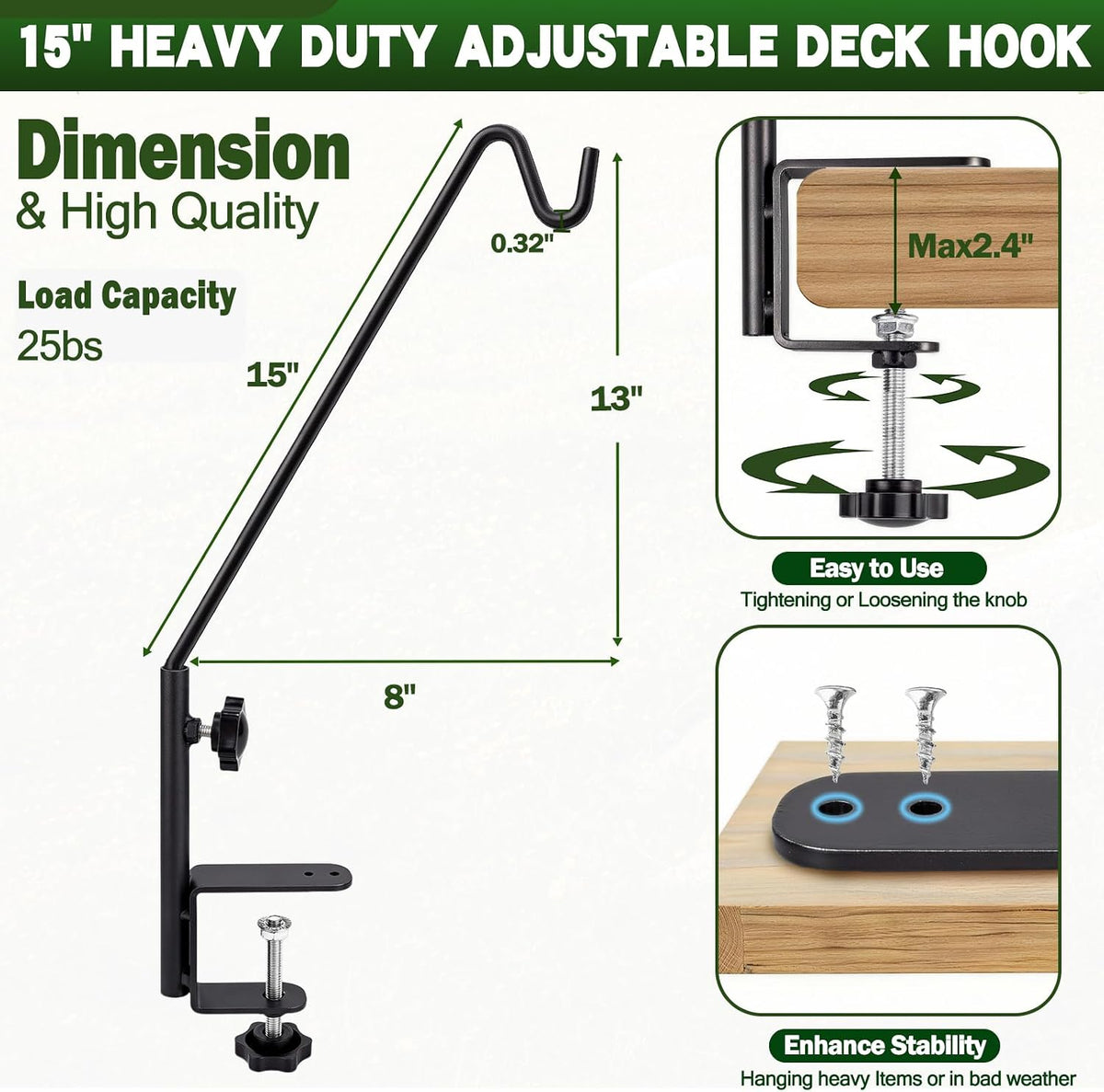 15 Inch Deck Hooks Hanger for Railing 2 PCS, 360° Swivel Adjustable