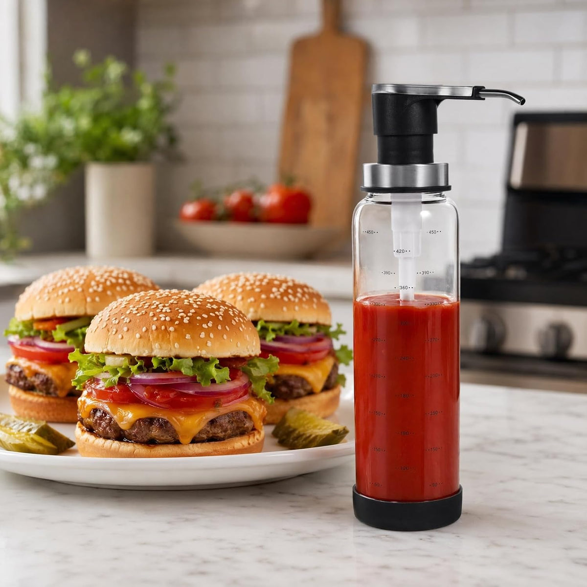 Glass Syrup Pump Bottle Refillable Honey Pump Dispenser for Syrup Ketchup Jam Empty Condiment Jar for Kitchen Storage
