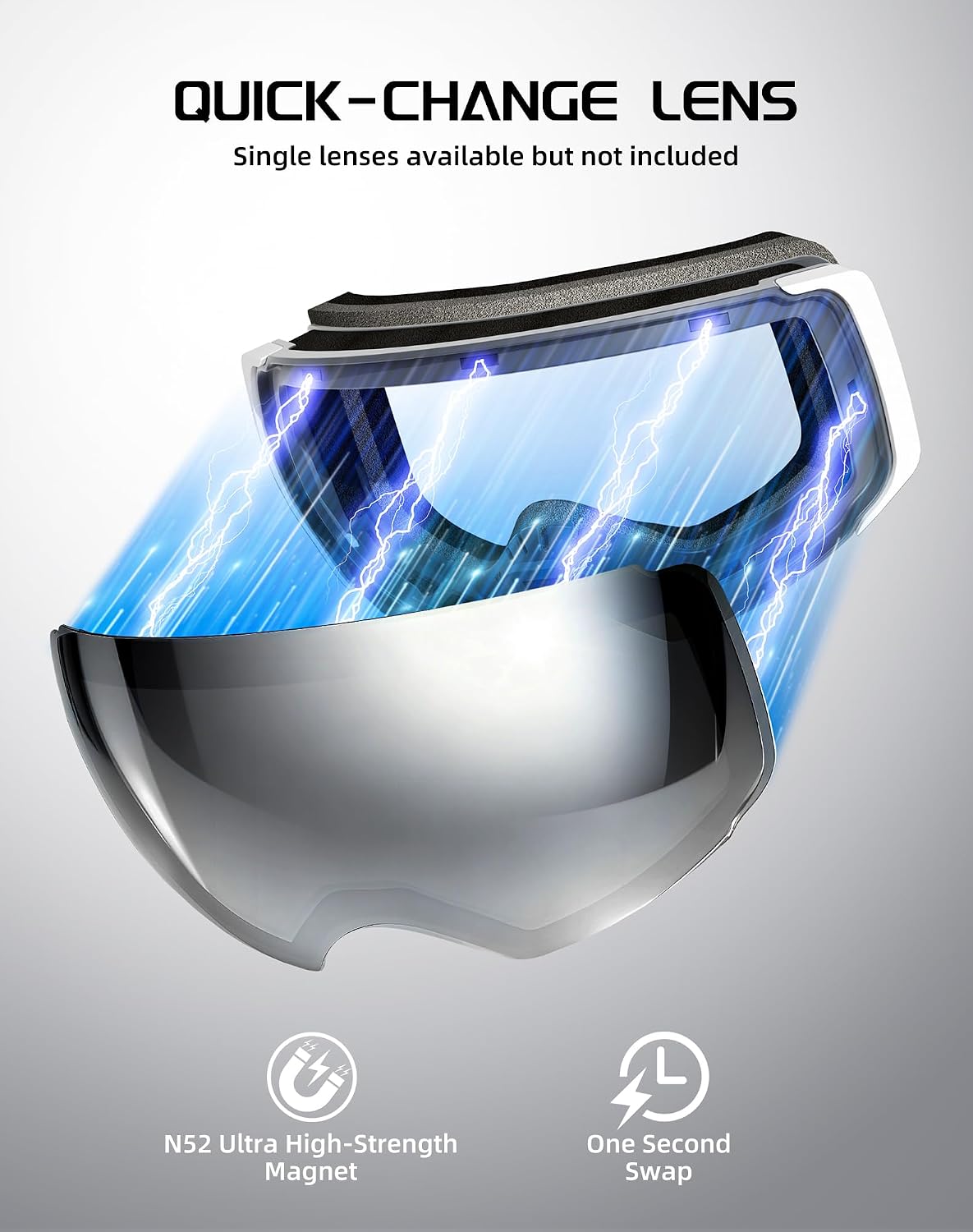 Magnetic Ski Goggles, Interchangeable OTG Snowboard Goggles | SGS-certified anti-fog lenses, 16 N52 magnets