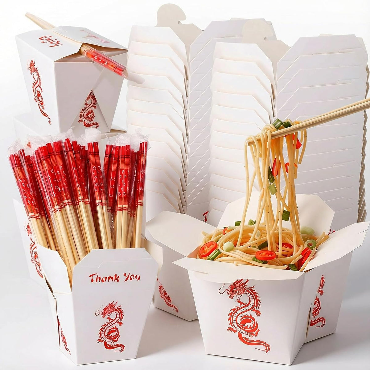 50 Sets Chinese Take out Boxes with Separated Chopsticks 16 oz