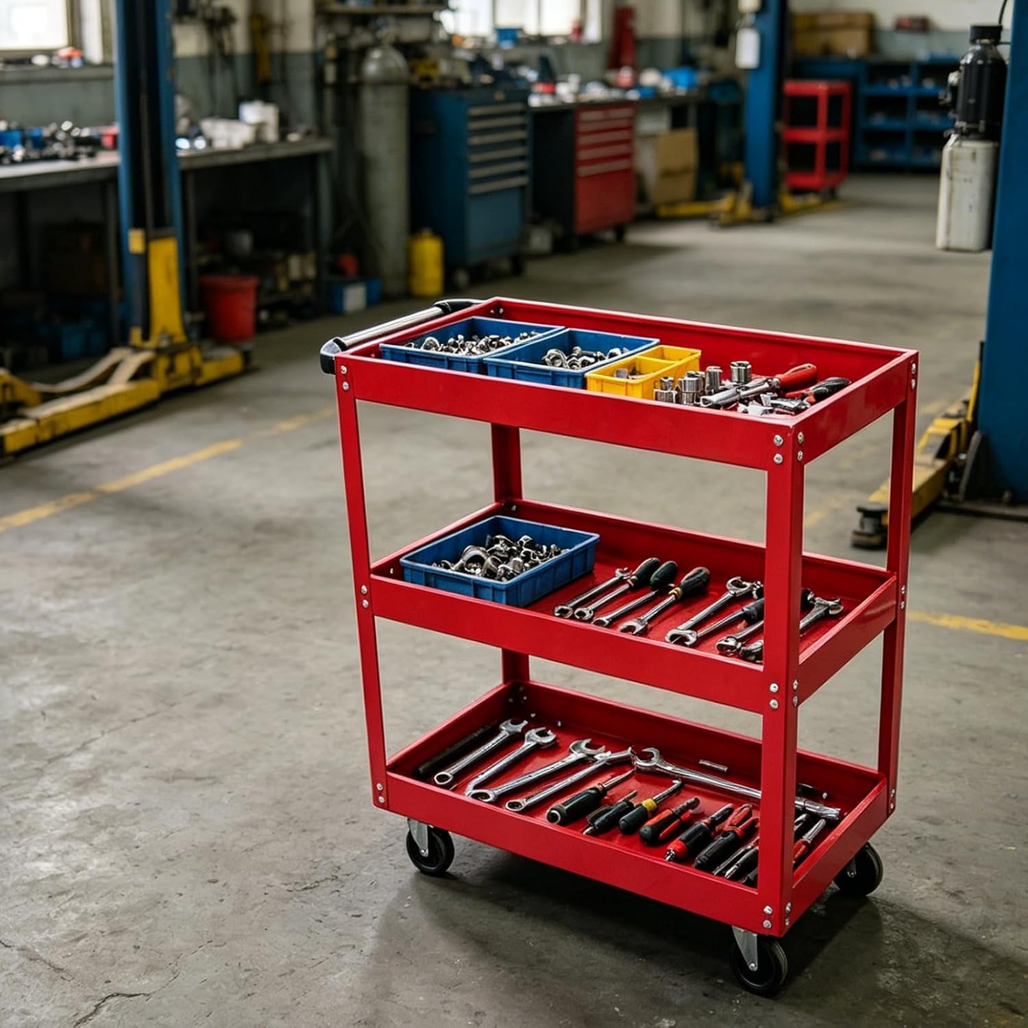 3 Tier Metal Rolling Tool Cart Heavy Duty Utility Cart with Handle Wheels | Metal Storage Service Cart Garage Tool